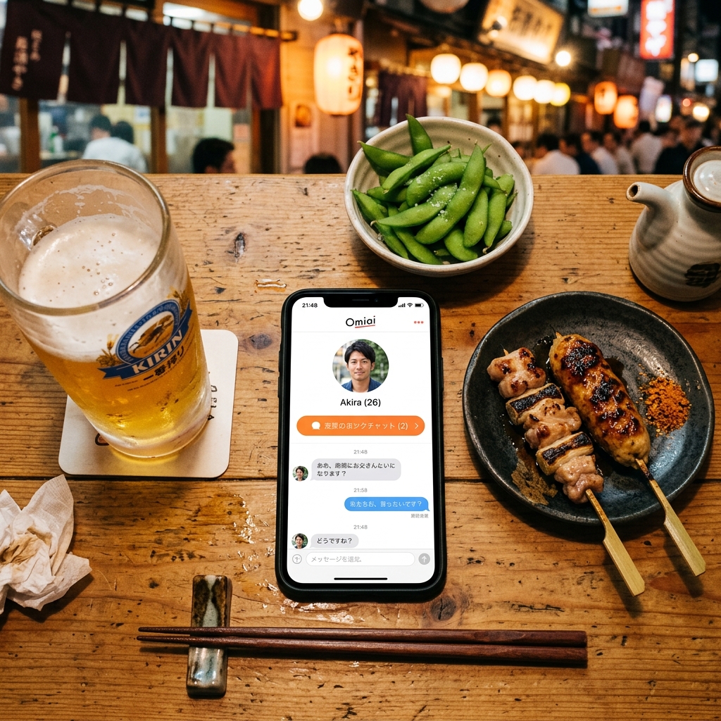 居酒屋でマッチングアプリを使っているスマートフォンの画面